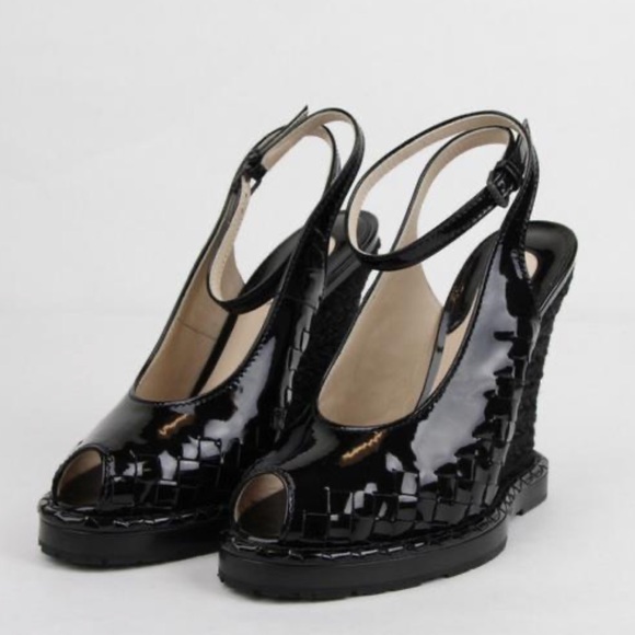 Bottega Veneta Shoes - Worn Once: Bottega Veneta Black Patent & Straw Wedge Sandals
